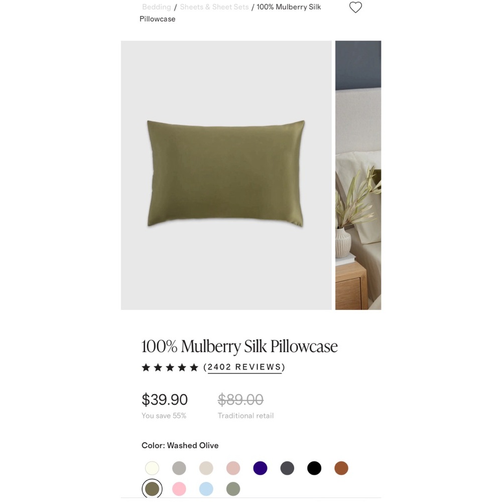 Green 100%Mulberry Silk Quince Standard Set of 2 Pillowcases